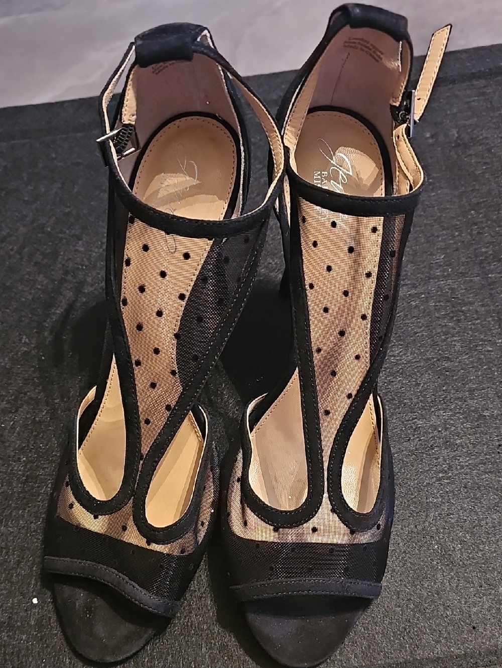 Jewel Badgley Mischka Black Sheer Polka Dot Ankle-Strap Heels